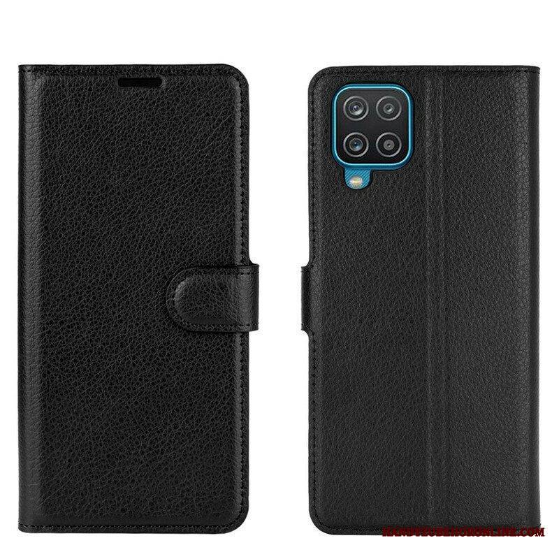 Flip Case Samsung Galaxy M12 / A12 Klassinen Litsi Tekonahka