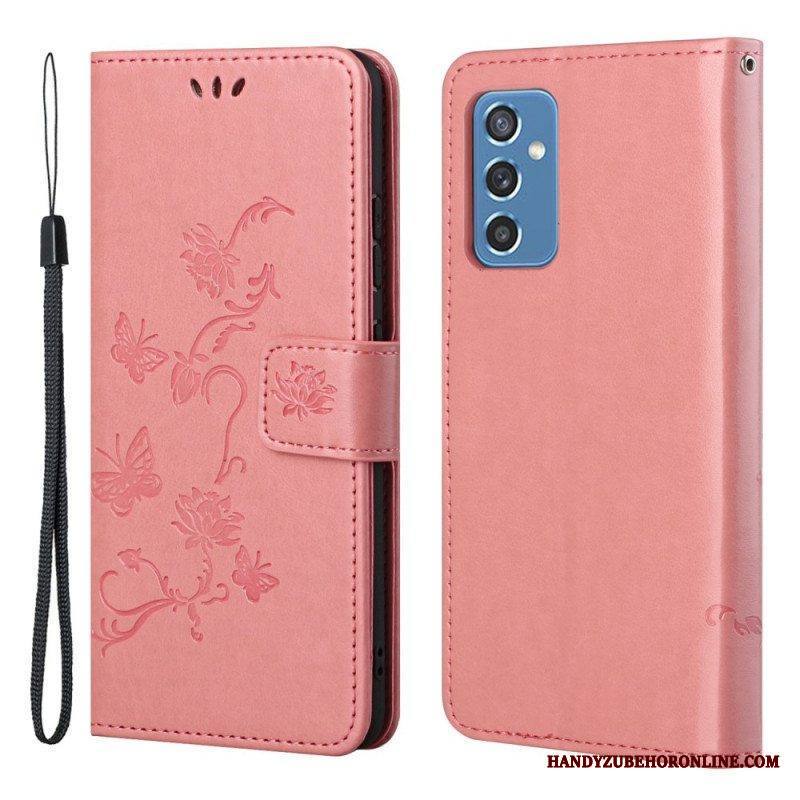 Flip Case Samsung Galaxy M52 5G Suojaketju Kuori Perhoset Ja Kukat -hihna
