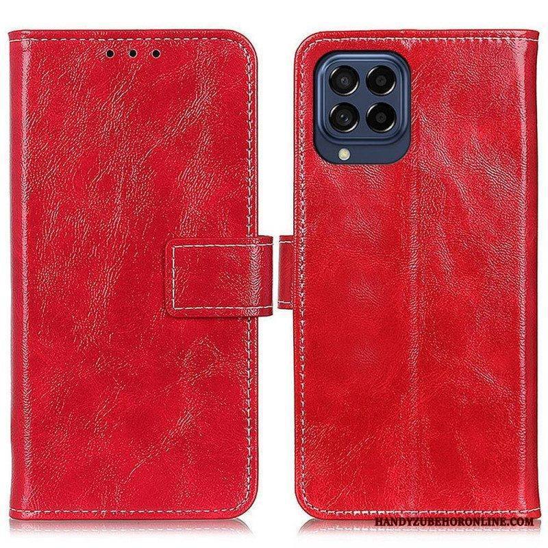 Flip Case Samsung Galaxy M53 5G Kiiltävä Keinonahka Ja Tikkaukset