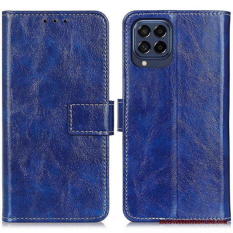 Flip Case Samsung Galaxy M53 5G Kiiltävä Keinonahka Ja Tikkaukset