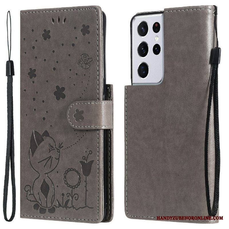 Flip Case Samsung Galaxy S21 Ultra 5G Suojaketju Kuori Kissa Ja Mehiläinen Kaulanauhalla