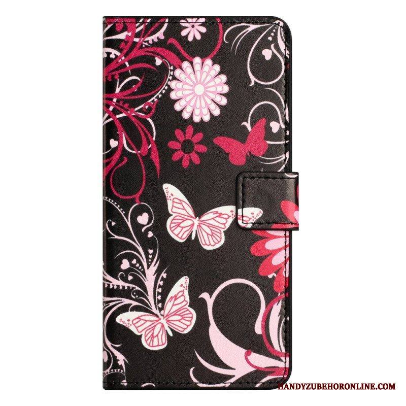 Flip Case iPhone 14 Pro Mustavalkoisia Perhosia