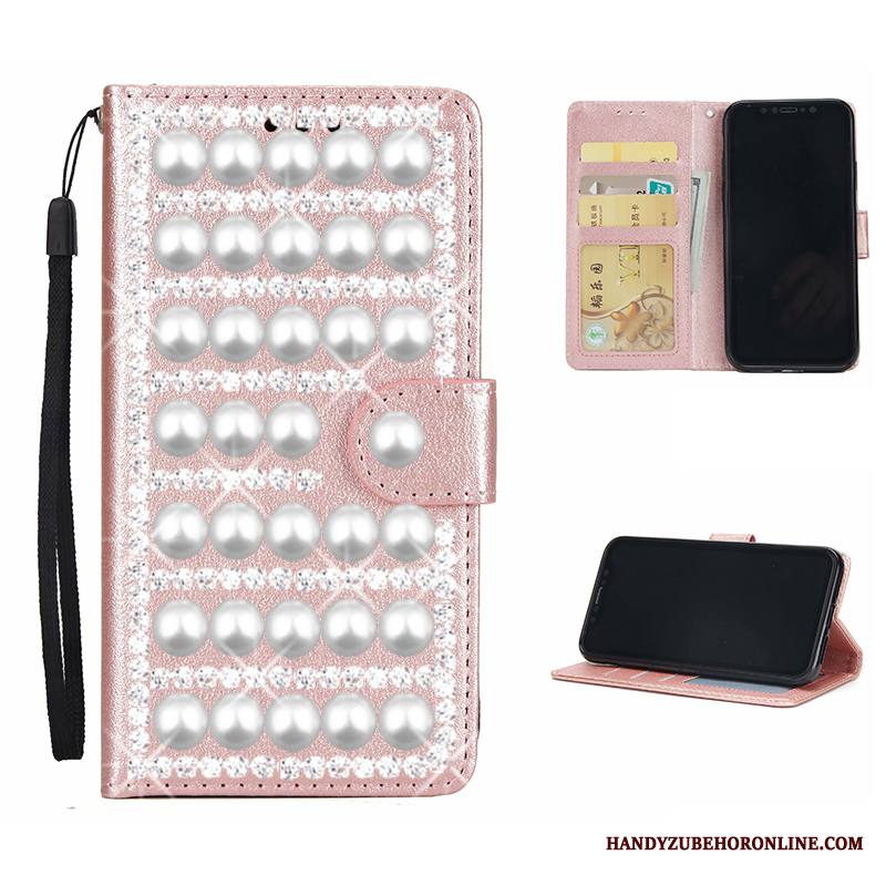 Huawei Y5 2019 Kuori Punainen Puhelimen Kuoret Nahkakotelo Rhinestone Inlay Kortti