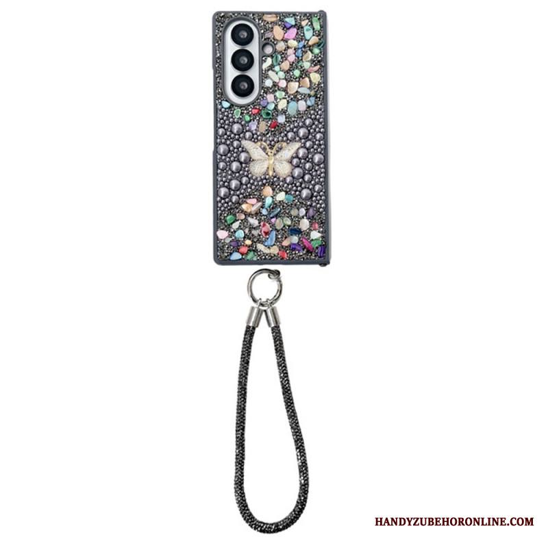 Kuori Samsung Galaxy Z Fold 7 Strassilla Koristeltu Perhonen Hihnalla