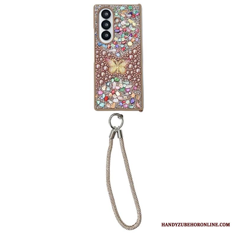 Kuori Samsung Galaxy Z Fold 7 Strassilla Koristeltu Perhonen Hihnalla