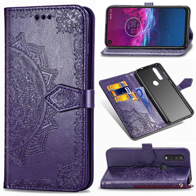 Motorola One Action Kuori Ripustettavat Koristeet Kohokuviointi Kukka Suojaus Nahka Kotelo Musta
