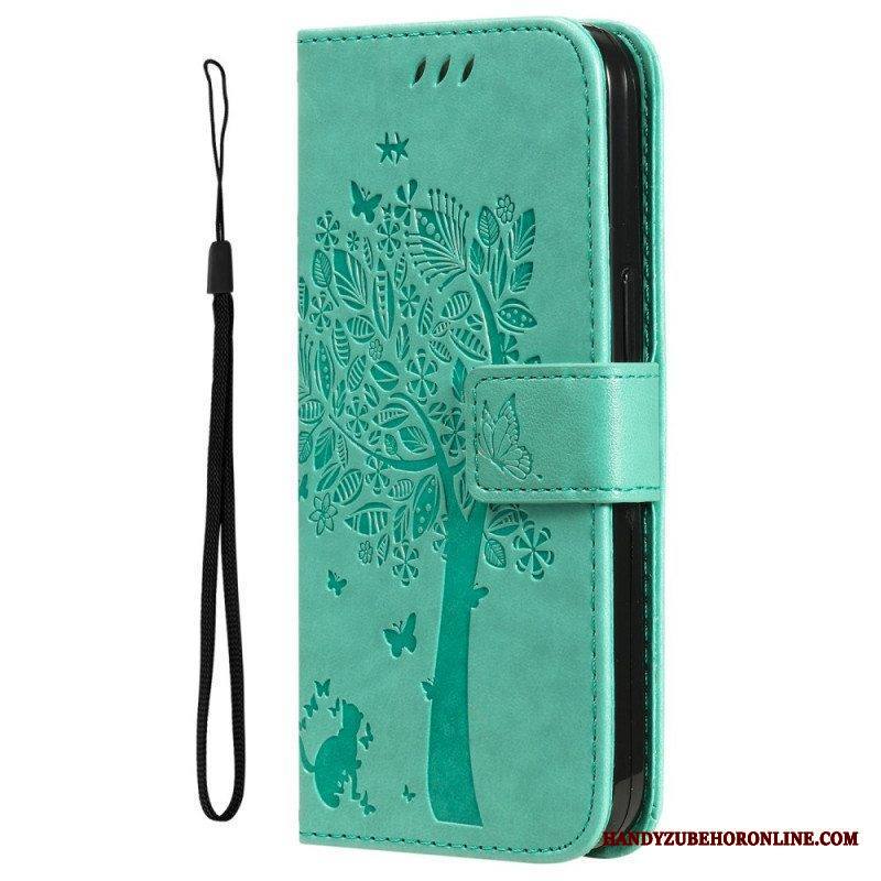 Nahkakotelo Samsung Galaxy A53 5G Suojaketju Kuori Tree Ja Strappy Cat