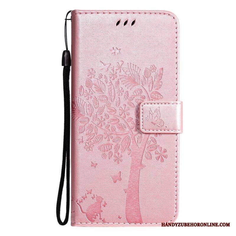 Nahkakotelo Samsung Galaxy M12 / A12 Suojaketju Kuori Tree Ja Strappy Cat
