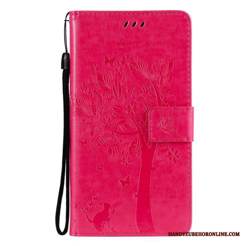 Nahkakotelo Samsung Galaxy M12 / A12 Suojaketju Kuori Tree Ja Strappy Cat