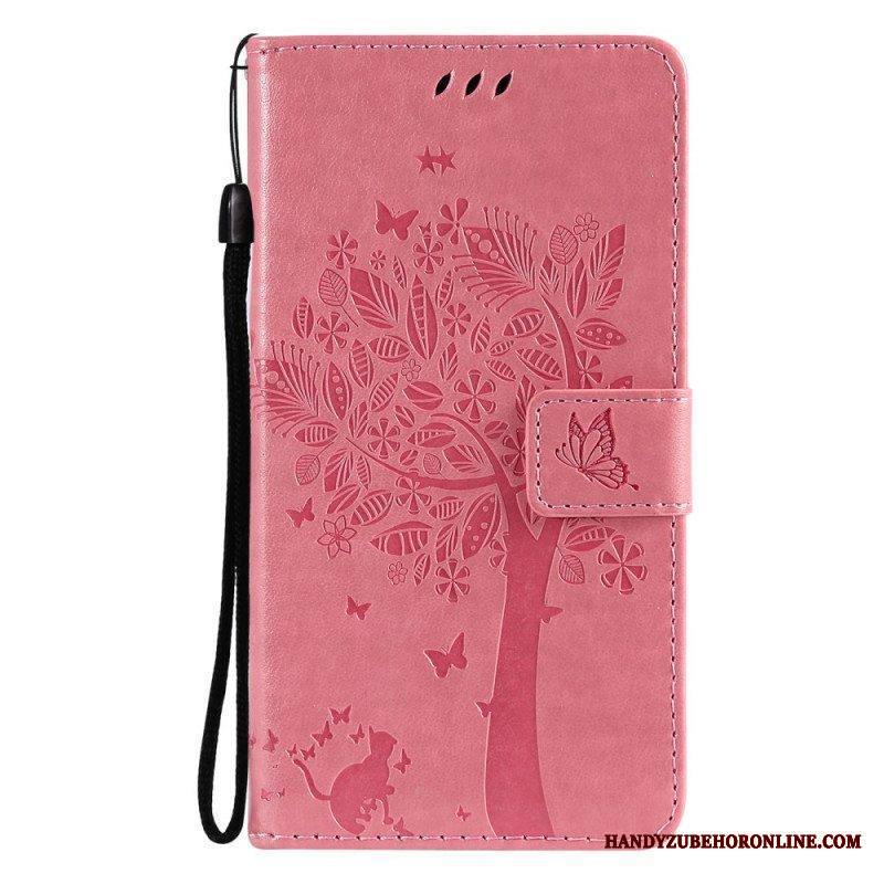 Nahkakotelo Samsung Galaxy M12 / A12 Suojaketju Kuori Tree Ja Strappy Cat