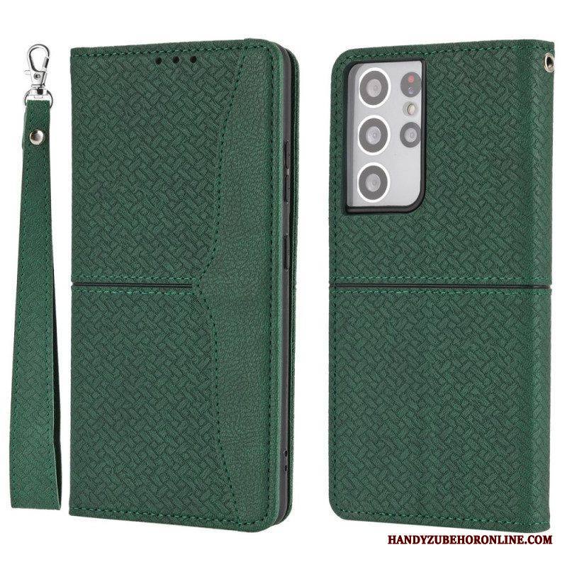 Nahkakotelo Samsung Galaxy S21 Ultra 5G Suojaketju Kuori Strappy Woven Leather Style