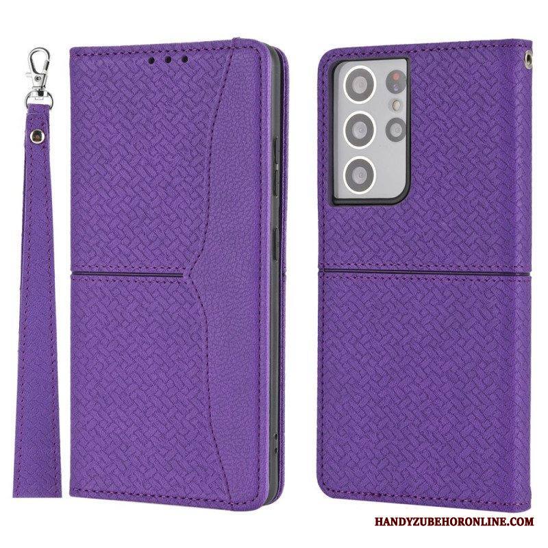 Nahkakotelo Samsung Galaxy S21 Ultra 5G Suojaketju Kuori Strappy Woven Leather Style
