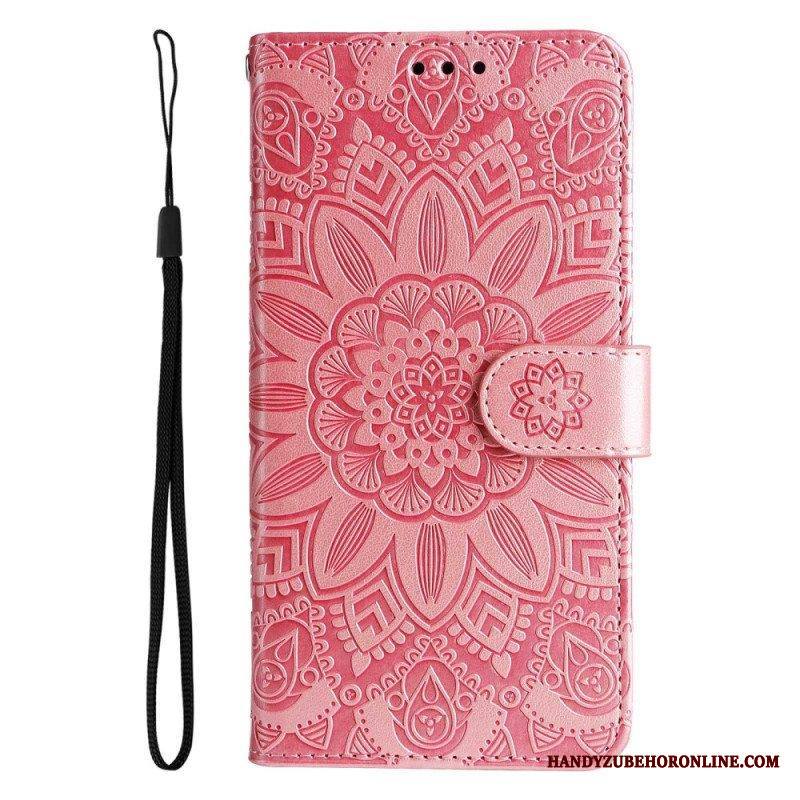Nahkakotelo Samsung Galaxy S23 5G Mandala-aurinko Kaulanauhalla