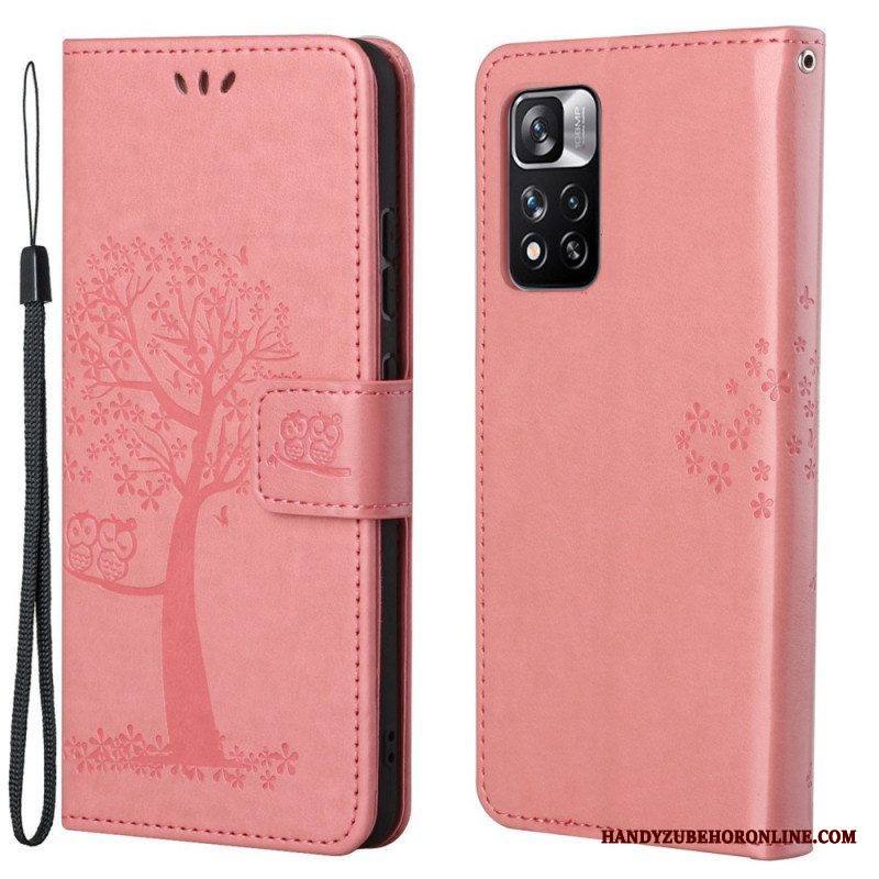 Nahkakotelo Xiaomi Redmi Note 11 Pro / 11 Pro 5G Suojaketju Kuori Tangapuu Ja Pöllöt