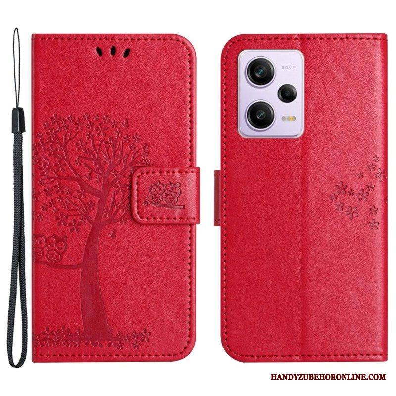 Nahkakotelo Xiaomi Redmi Note 12 5G Suojaketju Kuori Tangapuu Ja Pöllöt