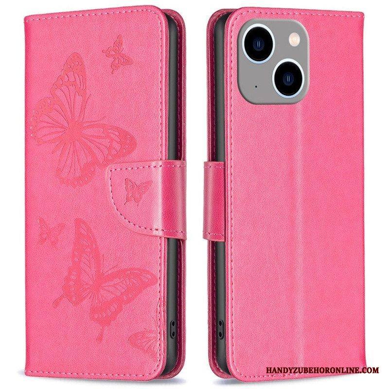 Nahkakotelo iPhone 14 Plus Suojaketju Kuori Perhosille Painettu Olkahihna