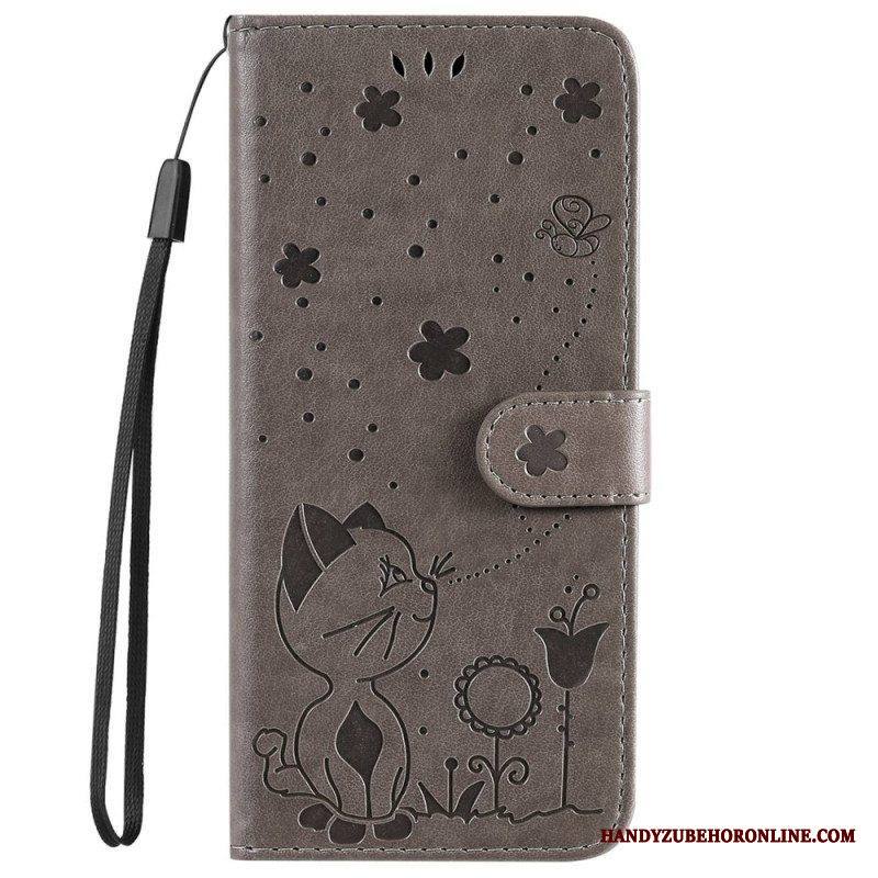 Nahkakotelo iPhone 14 Pro Max Suojaketju Kuori Strappy Kissa Ja Mehiläiset