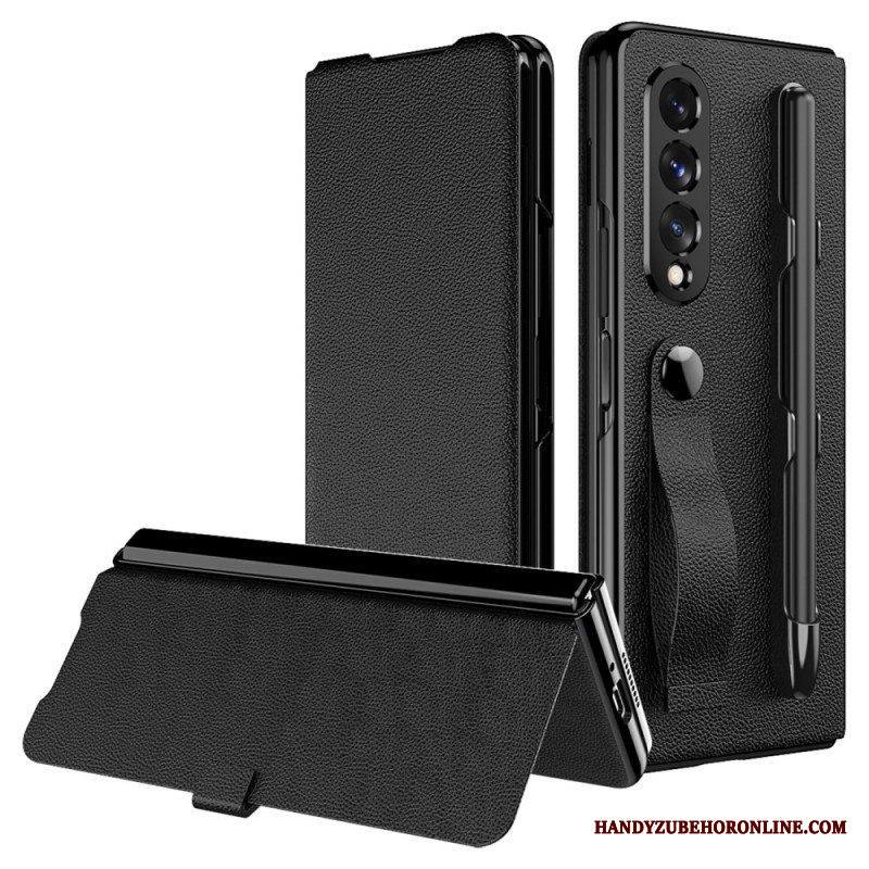 Puhelinkuoret Samsung Galaxy Z Fold 3 5G Kotelot Flip Tyylikäs Litsi-nahkainen Kynäteline Ja -hihna