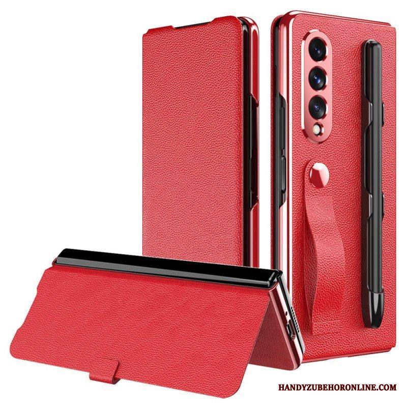 Puhelinkuoret Samsung Galaxy Z Fold 3 5G Kotelot Flip Tyylikäs Litsi-nahkainen Kynäteline Ja -hihna