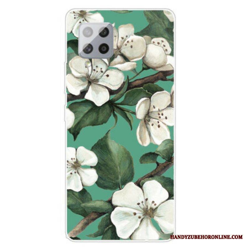 Case Samsung Galaxy A42 5G Maalattuja Valkoisia Kukkia