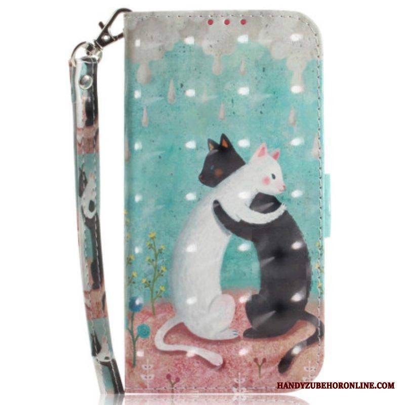Flip Case Samsung Galaxy A54 5G Suojaketju Kuori Kissa Musta Kissa Valkoinen Kissa Hihnalla