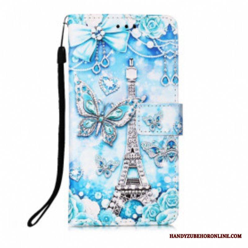 Flip Case Samsung Galaxy M12 / A12 Suojaketju Kuori Eiffel-tornin Perhoshihna