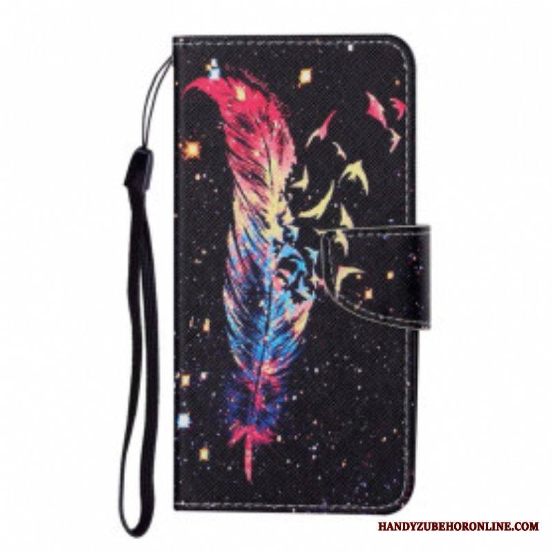 Flip Case Samsung Galaxy M12 / A12 Suojaketju Kuori Värikäs Sulka Hihnalla