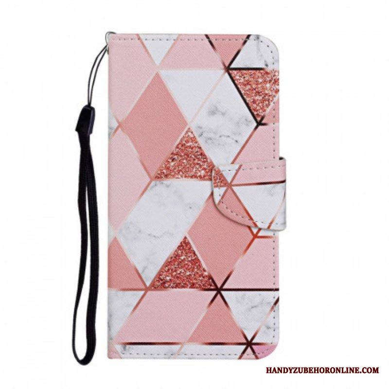 Flip Case Samsung Galaxy S22 Ultra 5G Marmori Ja Paljetteja Hihnalla