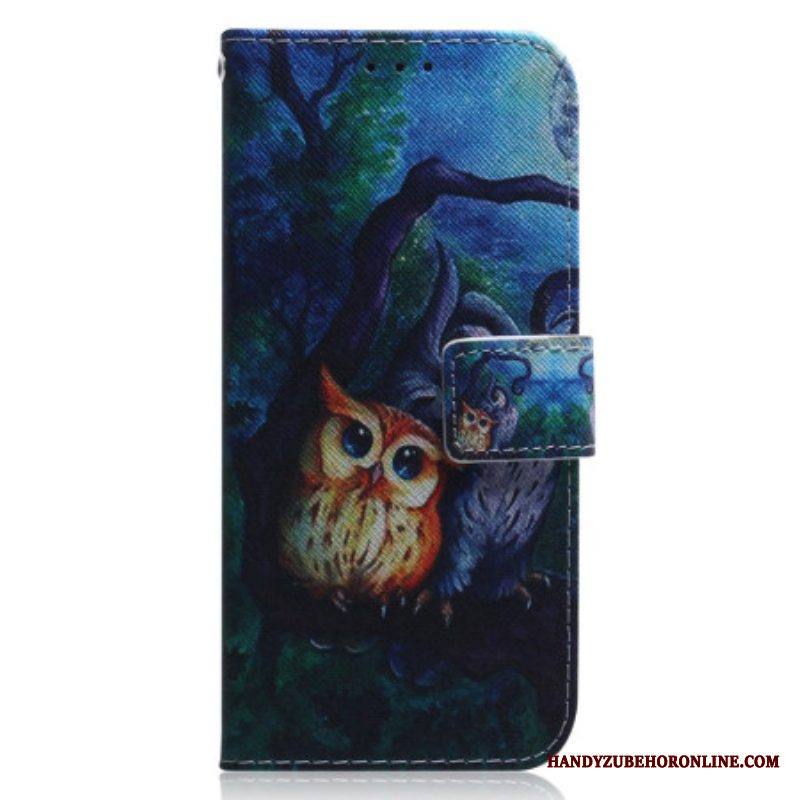Flip Case Xiaomi Redmi Note 12 5G Suojaketju Kuori Strappy Owls -maalaus