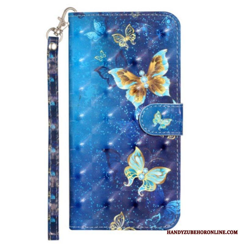 Flip Case iPhone 15 Pro Suojaketju Kuori 3d-perhoset Kaulanauhalla