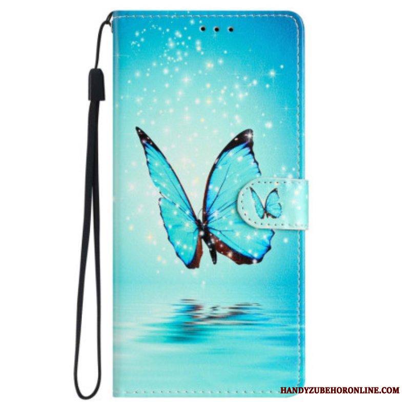 Flip Case iPhone 15 Suojaketju Kuori Sininen Perhonen Lennossa Hihnalla