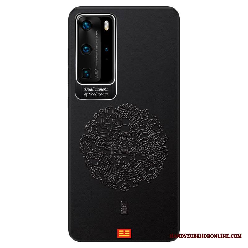 Huawei P40 Pro Kuori Liiketoiminta Kohokuviointi Tide-brändi Suojaus Nahka Kiinalainen Tyyli Ohut