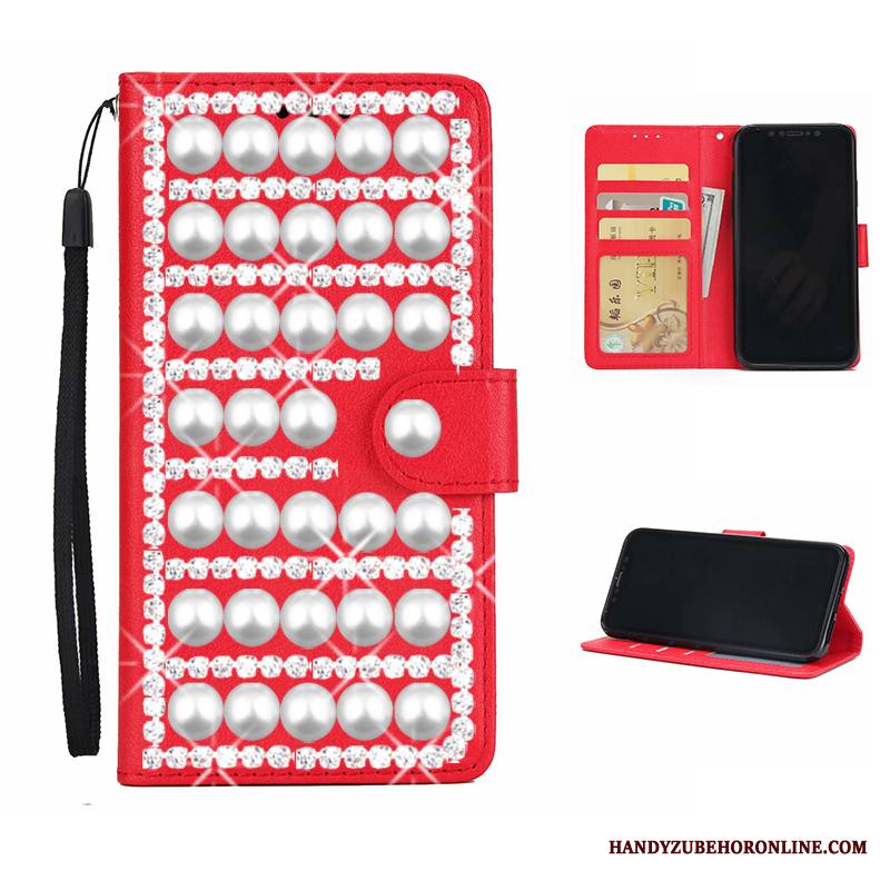 Huawei Y5 2019 Kuori Punainen Puhelimen Kuoret Nahkakotelo Rhinestone Inlay Kortti