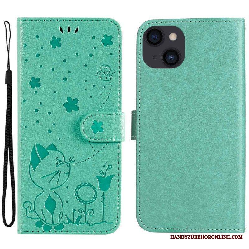 Kotelot iPhone 14 Plus Suojaketju Kuori Kissa Ja Mehiläinen Kaulanauhalla