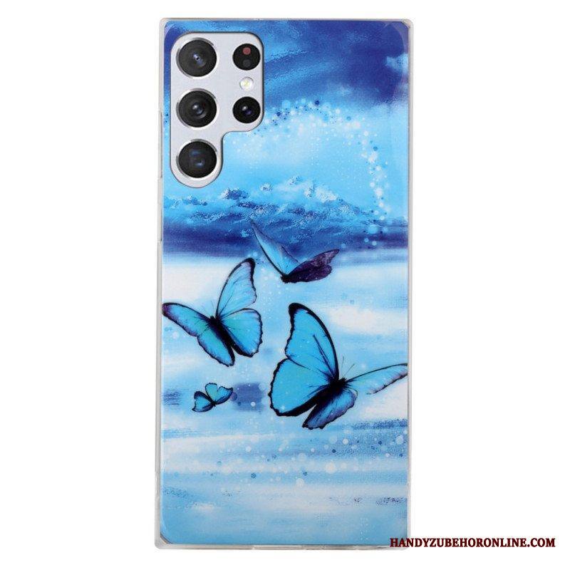 Kuori Samsung Galaxy S22 Ultra 5G Fluoresoivat Siniset Perhoset