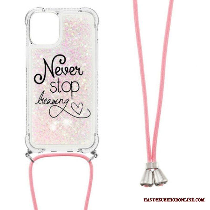 Kuori iPhone 13 Pro Kiristysnyörillä Älä Koskaan Lopeta Glitter-vetonauhaa