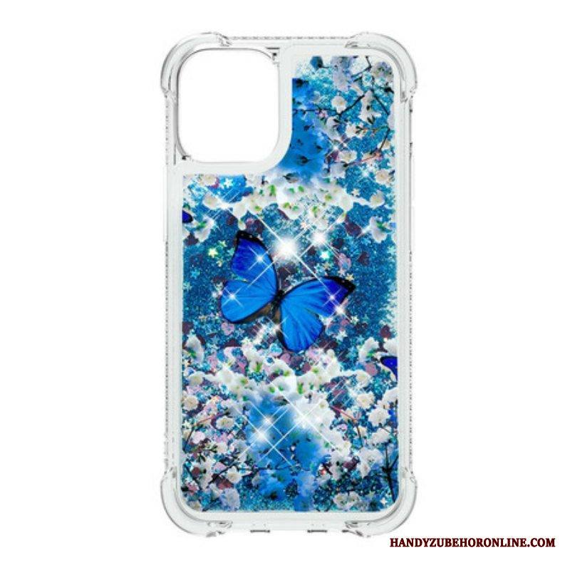Kuori iPhone 13 Pro Max Glitter Blue Perhoset