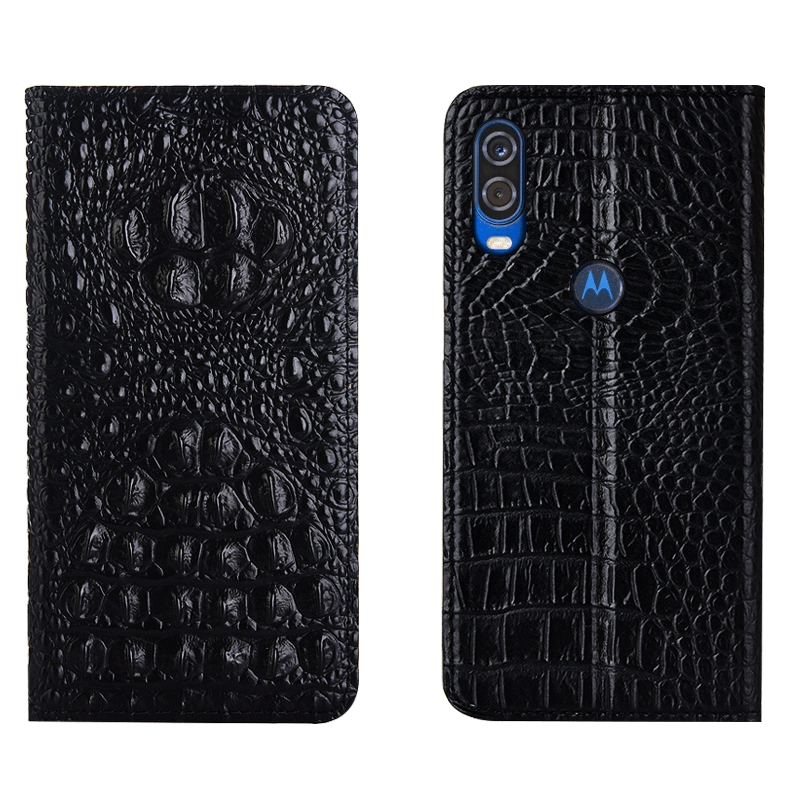 Motorola One Vision Kuori Kotelo Kuoret Aito Nahka Puhelimen Kuoret Suojaus Musta Krokotiili