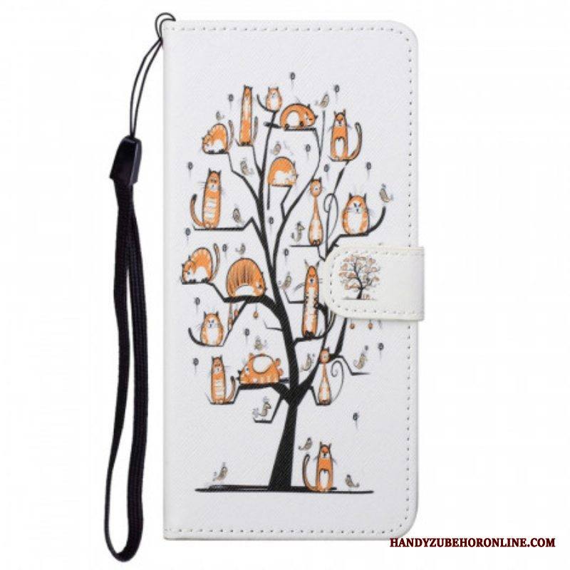 Nahkakotelo Moto G71 5G Suojaketju Kuori Funky Cats Hihnalla