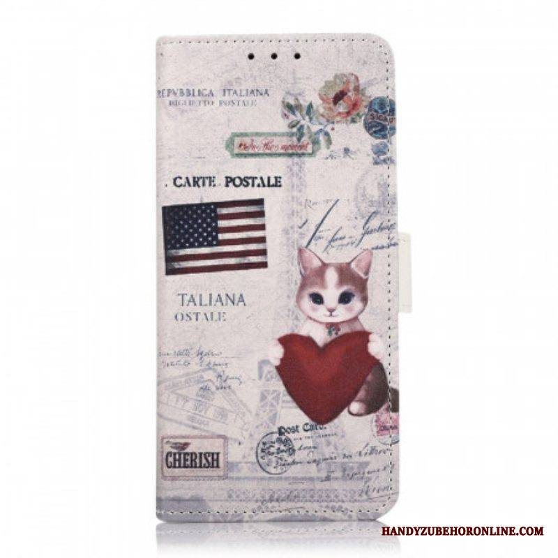 Nahkakotelo Moto G71 5G Traveller Cat