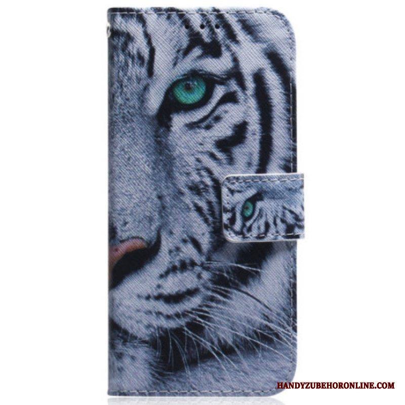 Nahkakotelo Samsung Galaxy A54 5G Suojaketju Kuori Strappy White Tiger