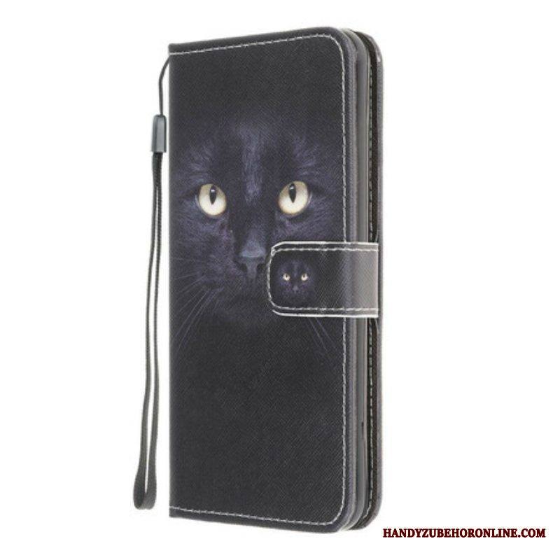 Nahkakotelo Samsung Galaxy M12 / A12 Suojaketju Kuori Strappy Black Cat Eyes