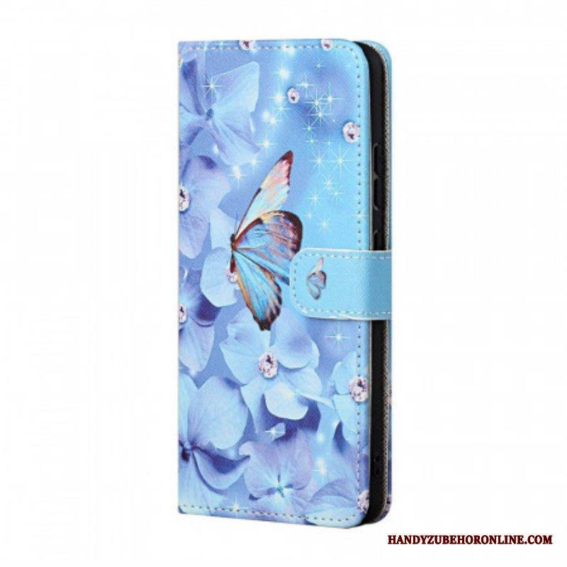 Nahkakotelo Samsung Galaxy M23 5G Suojaketju Kuori Strappy Diamond Perhoset