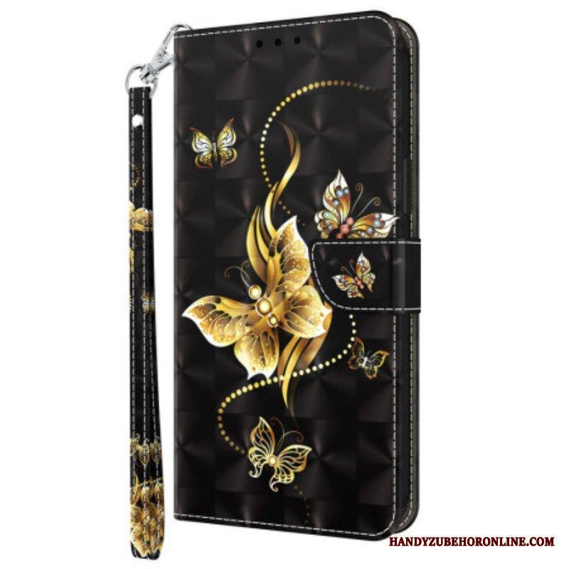 Nahkakotelo Samsung Galaxy S23 5G Suojaketju Kuori Butterflies Kultainen Hihna