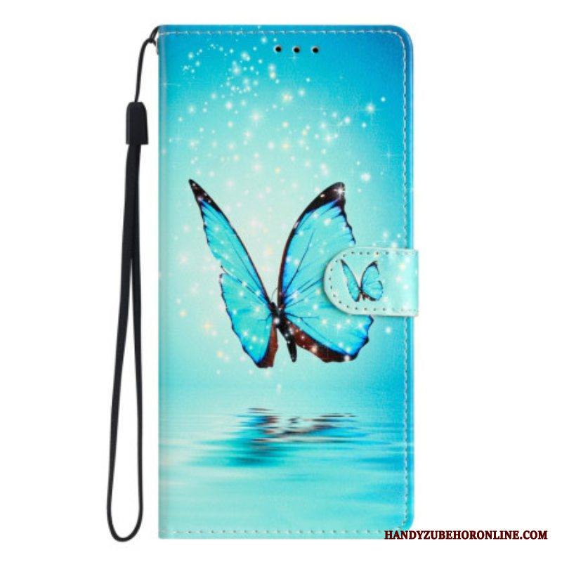 Nahkakotelo Xiaomi 12 Lite Suojaketju Kuori Siniset Perhoset Hihnalla