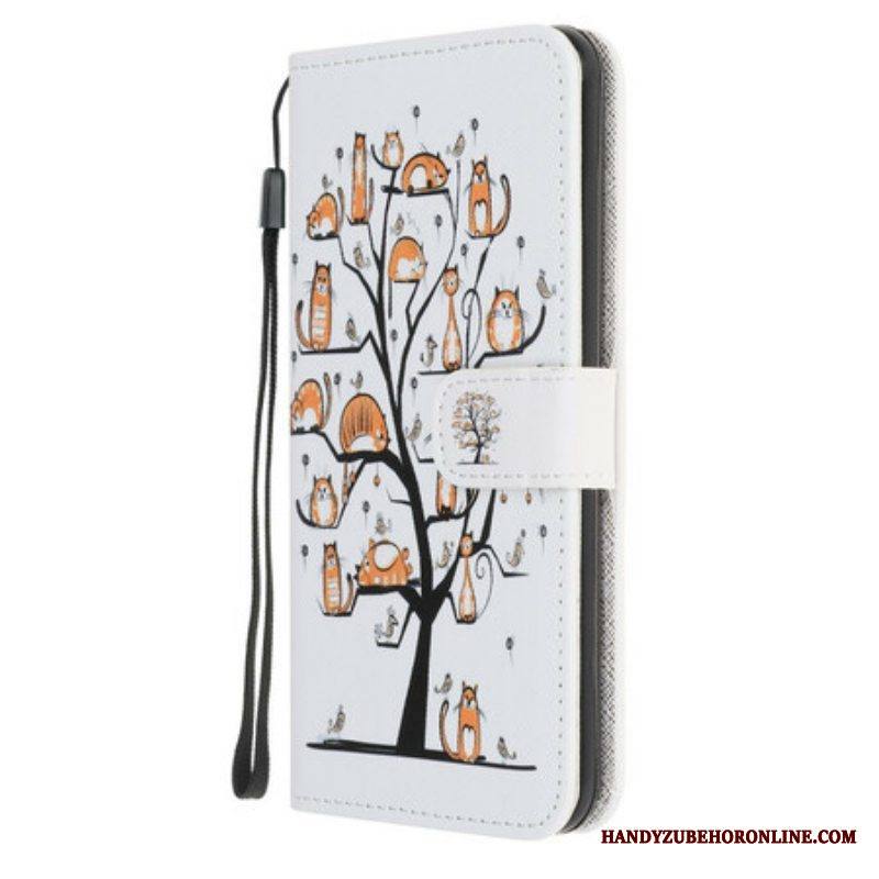Nahkakotelo iPhone 13 Mini Suojaketju Kuori Funky Cats Hihnalla