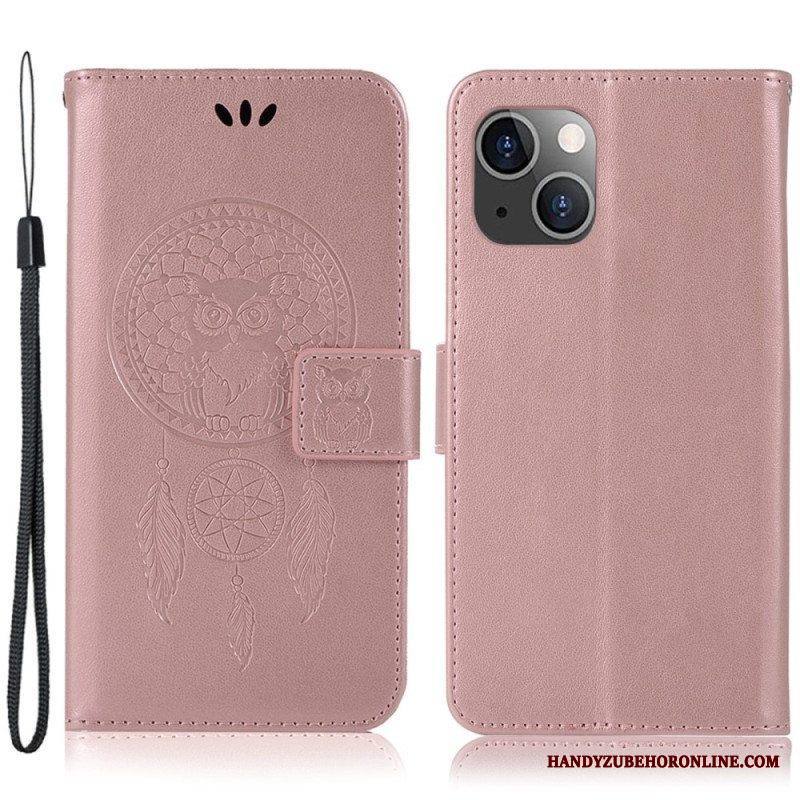 Nahkakotelo iPhone 14 Plus Suojaketju Kuori Pöllöunensieppaaja Hihnalla