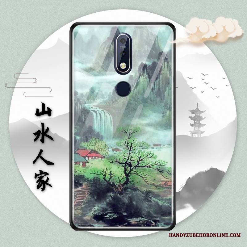 Nokia 5.1 Plus Kuori Kotelo Lasi Vihreä Puhelimen Kuoret Suojaus Kiinalainen Tyyli Maisema
