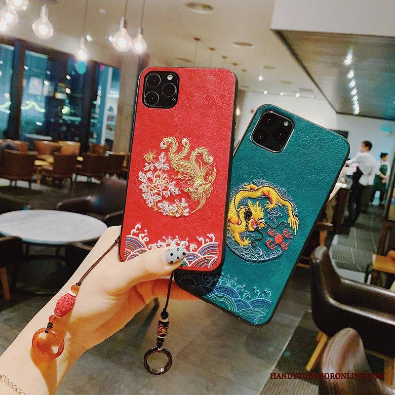 iPhone 11 Pro Max Kuori Pehmeä Neste Kirjonta Rakastunut Vuosikerta Nahka Kukkakuvio Punainen
